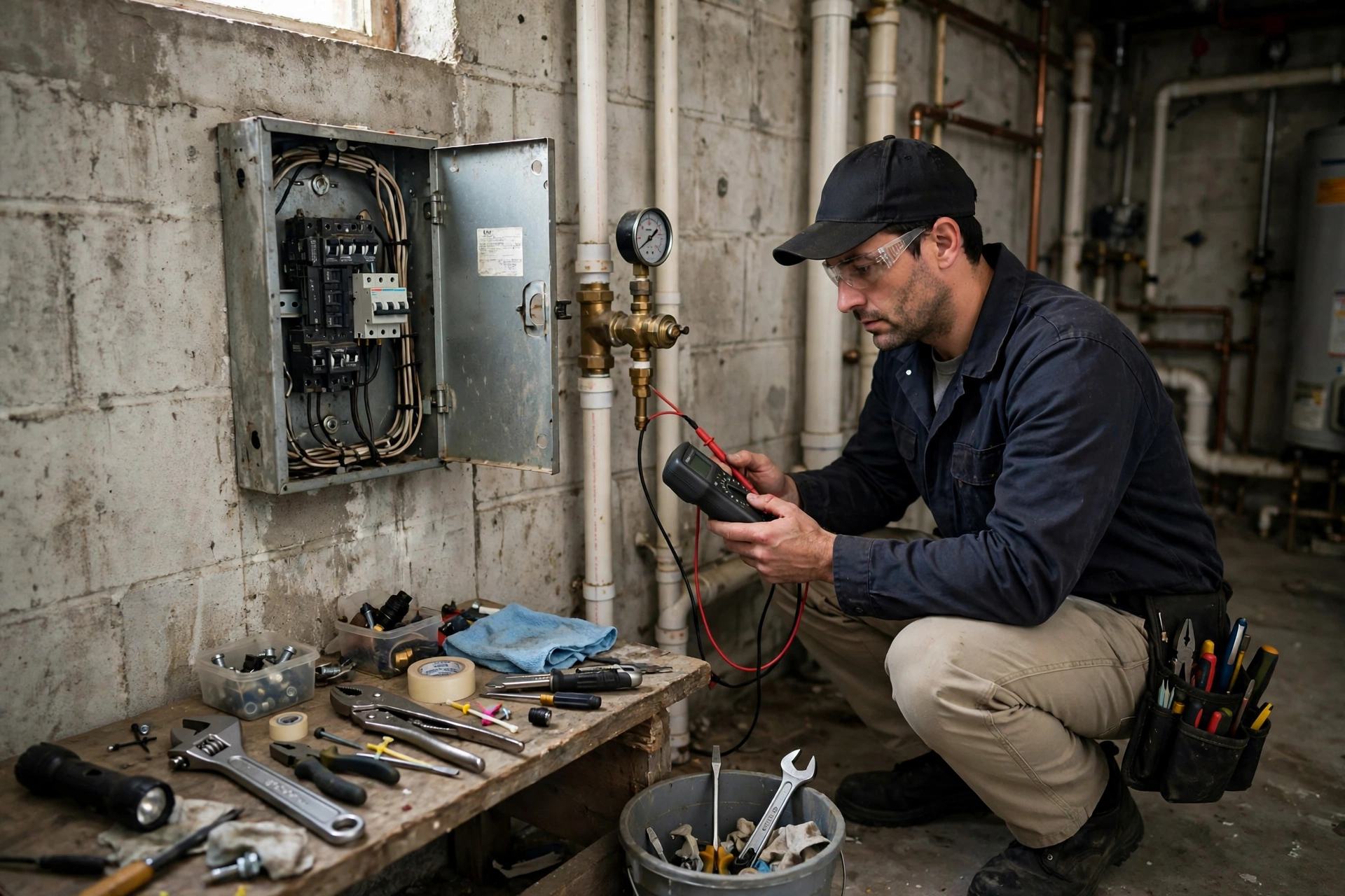 Checking a breaker panel and pressure switch during no-water troubleshooting