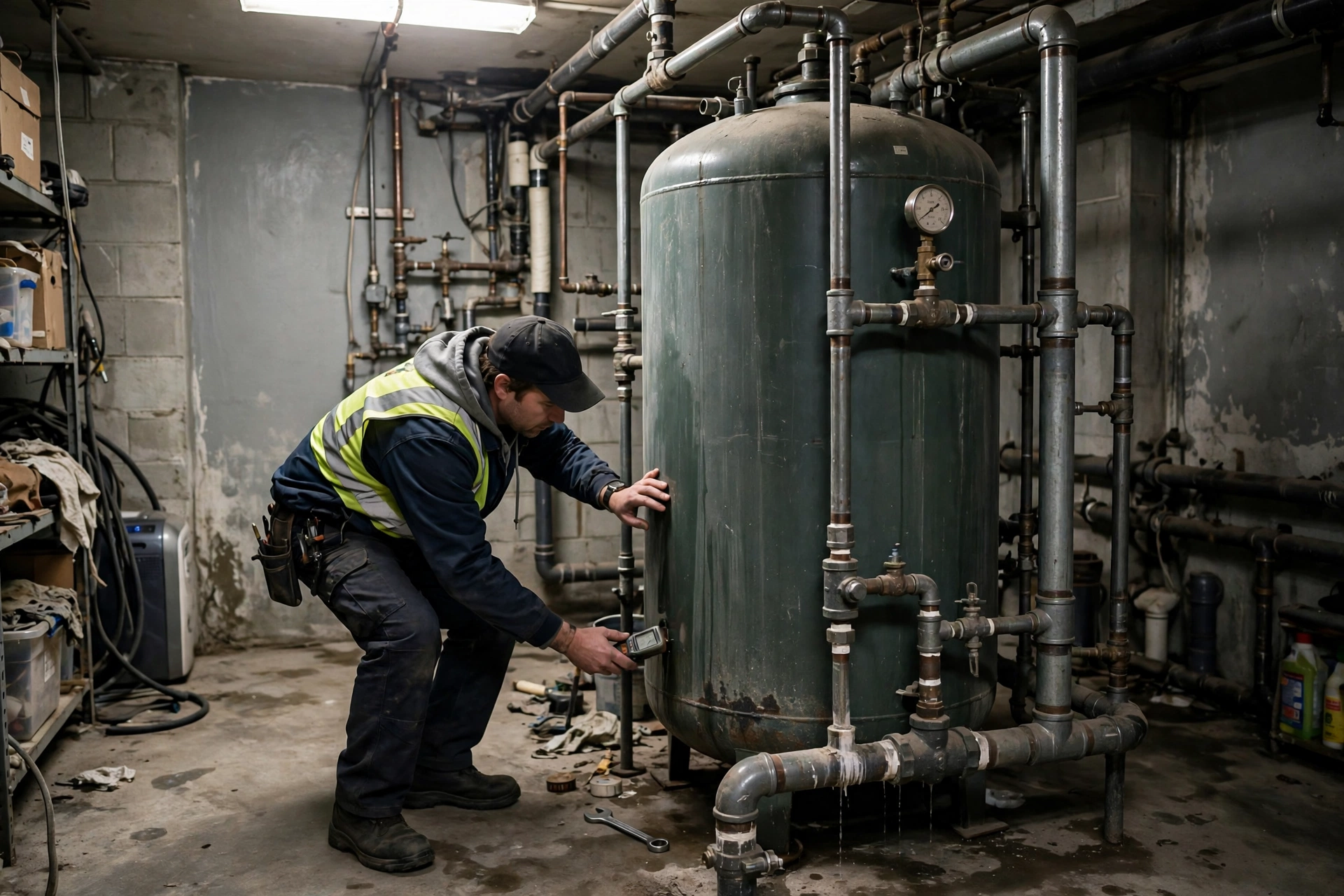 Checking a pressure tank and gauge for signs of waterlogging