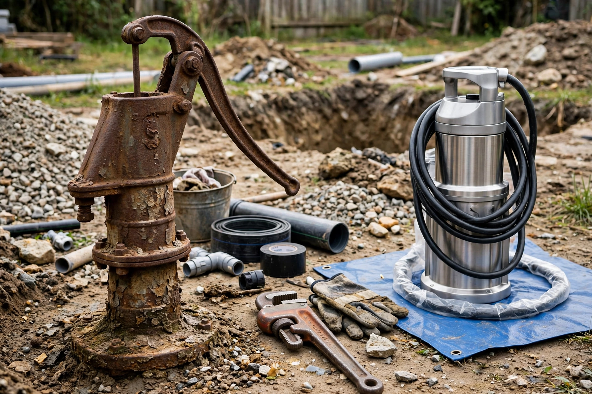 A technician inspecting an aging submersible well pump before replacement